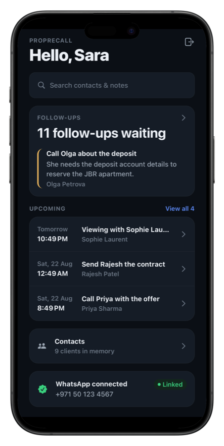 The PropRecall home screen, showing follow-ups waiting and the next few reminders.